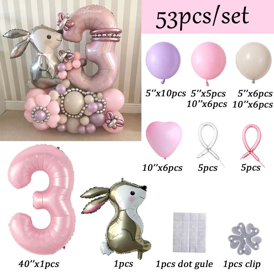 53-teiliges Set aus Osterhasen-Folienballons und rosa Zahlenballons für Kindergeburtstage und Babypartys - Bild 2