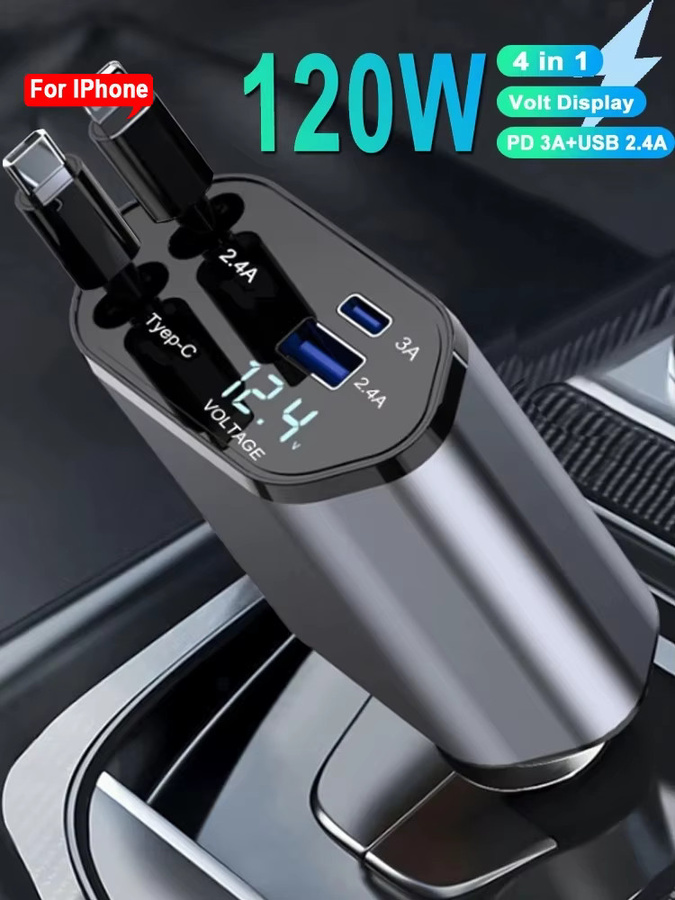 Kebidumei Autotelefon-Ladegerät-Adapter mit 120 W und einziehbaren USB-Typ-C-Schnellladekabeln inklusive Volt-Display, passend für iPhone, iPad und Samsung - Bild 6