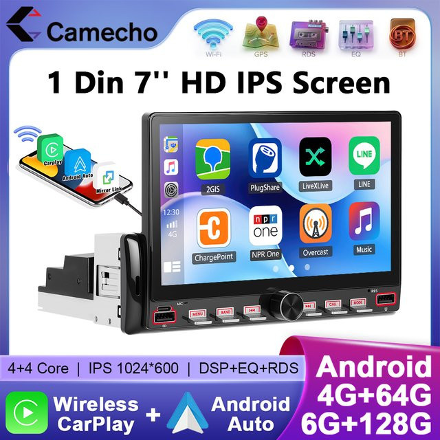 Camecho Android 1 Din Autoradio mit 7 Zoll HD IPS Bildschirm, kabelloses Carplay und Android Auto, GPS, Bluetooth, WIFI und FM/RDS in Schwarz - Bild 1