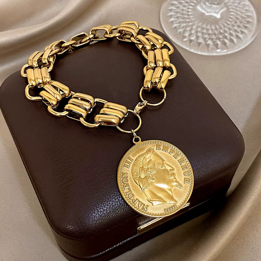 Greatera Armband, Porträt-Münzen-Anhänger, Edelstahl, Gold, Damen, Punk-Stil - Bild 2