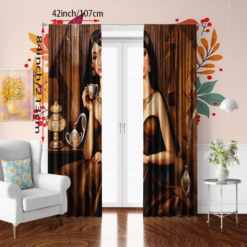2er-Set Yiran Furniture Vorhänge mit Retro-Schönheits-Print aus Polyester, halbtransparent, Multicolour, Breite: 76 cm, Höhe: 165 cm - Bild 3