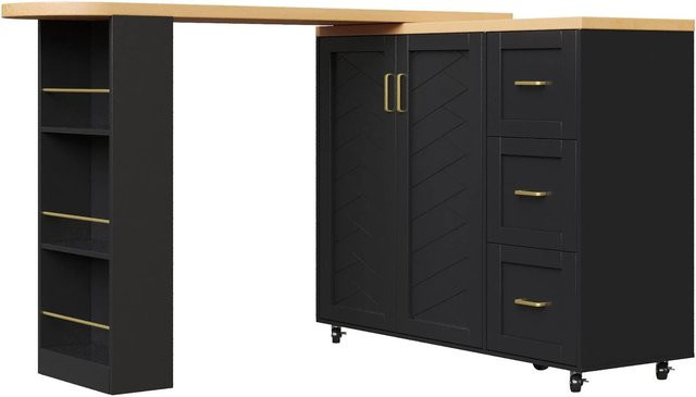 okwish Barwagen mit verlängerbarer Platte in Schwarz, moderner Servierwagen mit Türen und Schubladen für Küche und Wohnzimmer, B/T/H: 228 x 39 x 104 cm - Bild 1