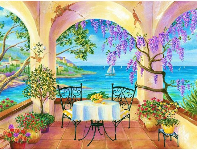 FIYO 5D Diamantmalerei Restaurant am Meer, Rund, Blau/Mehrfarbig, B: 30 cm, H: 20 cm - Bild 1