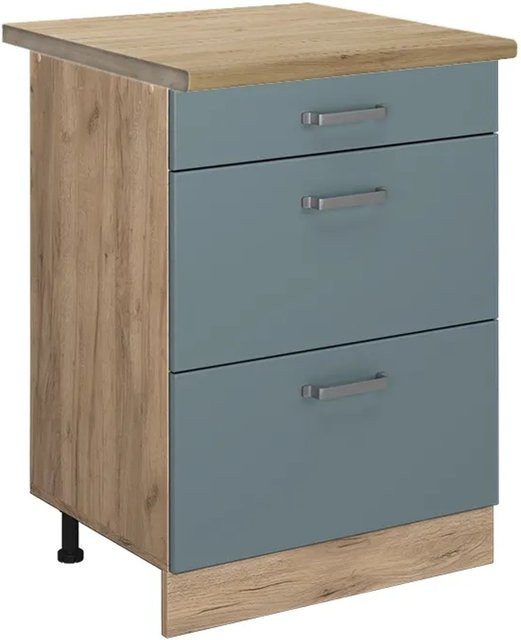 Vicco Küchenunterschrank R-Line Blau-Grau/Goldkraft Eiche mit Schubladen, B: 60 cm, H: 81,6 cm, T: 60 cm - Bild 1