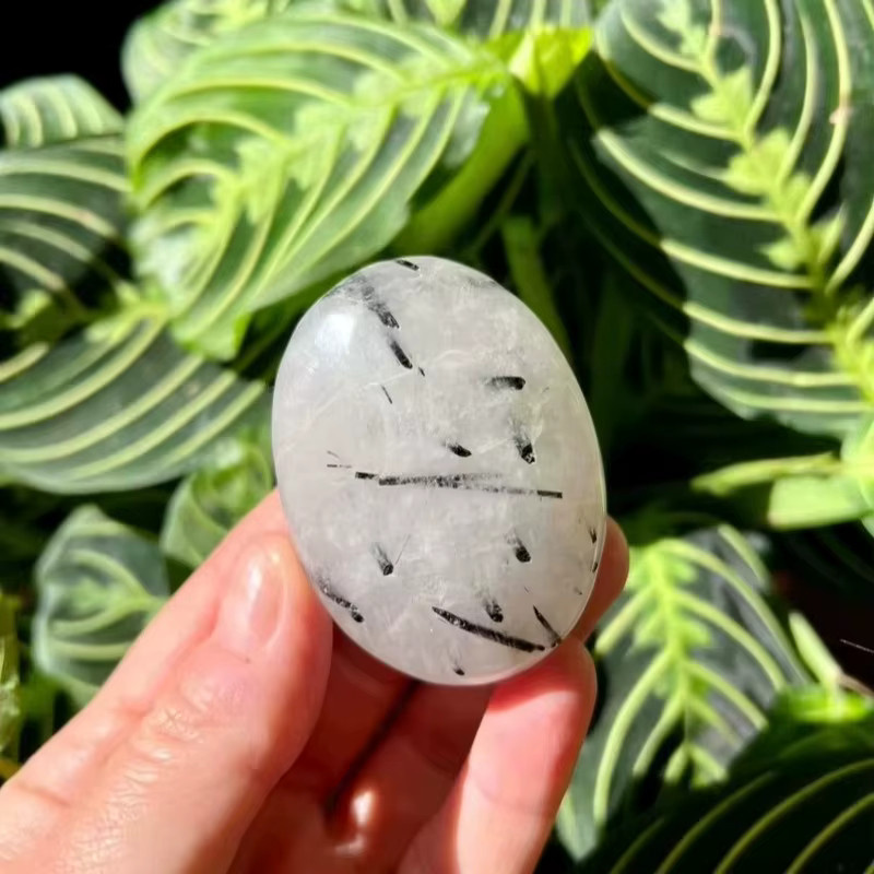 CrystalHola Schwarzer Rutilquarz Palm-Stein als natürlicher Kristall für Aquariendekoration und Hausgarten, Schwarz, Oval - Bild 2