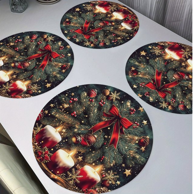 VIKAMA 4-teiliges Weihnachts-Tischset aus Leinen mit floralem Design in Mehrfarbig - Bild 1