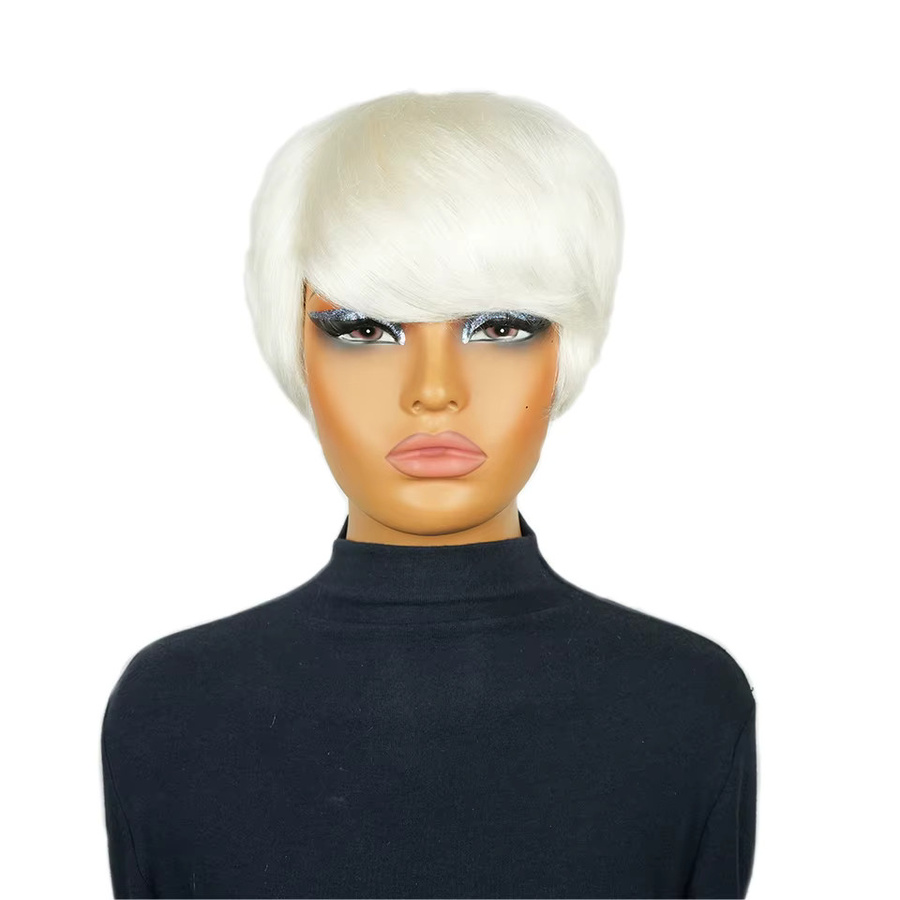 OYM HAIR Pixie-Perücke für Damen, 6 Zoll, weiß, glatt, Echthaar mit Pony - Bild 2
