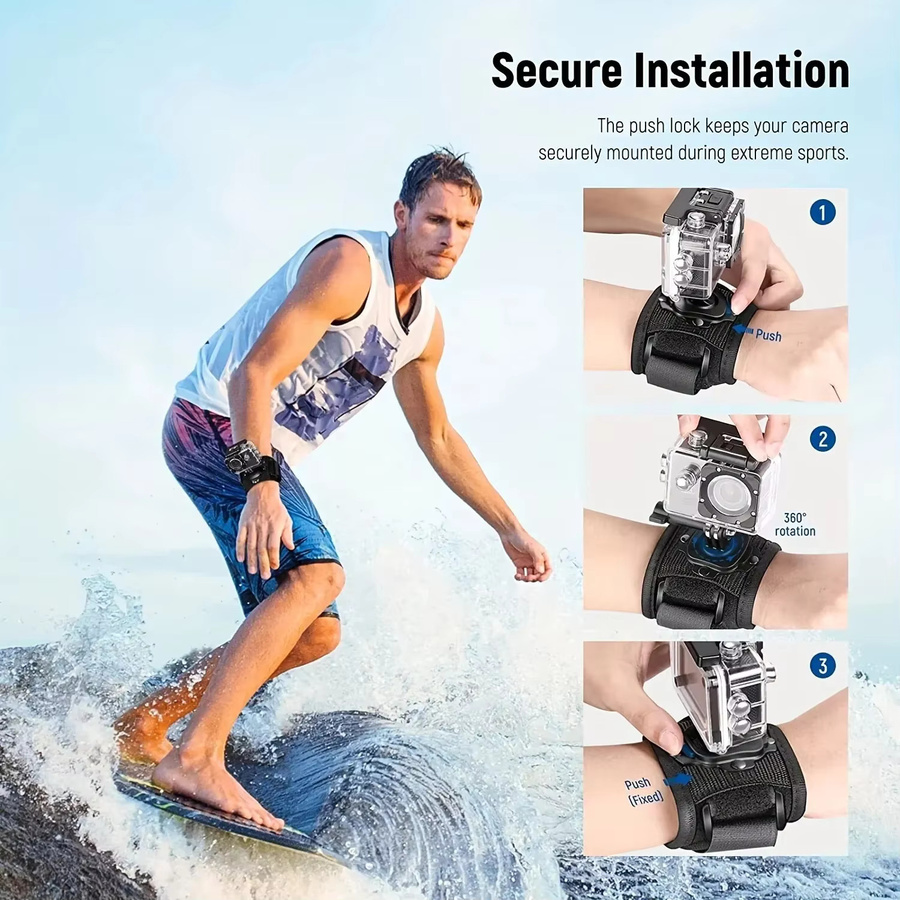 360-Grad-Drehbare Handgelenk- und Armbandhalterung für GoPro Hero 10 9 8 5, Xiaomi Yi 4K und SJ4000 in Schwarz - Bild 4