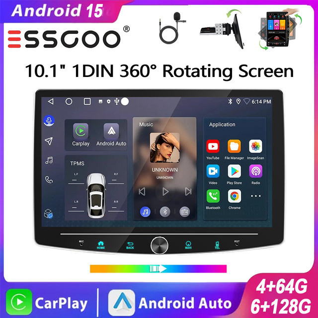ESSGOO Android 15 Universal Autoradio mit 10.1 Zoll drehbarem Touchscreen, 4+64G/6+128G, Wireless Carplay, Android Auto, GPS, Bluetooth, WIFI, Mirror Link und Lenkradsteuerung in Schwarz - Bild 1