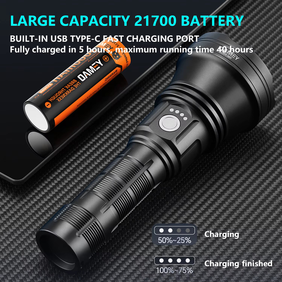 YEMAO Taktische LED Taschenlampe mit 2800 Lumen, USB-C wiederaufladbar, 21700 Akku, IP64 wasserdicht, Schwarz - Bild 3