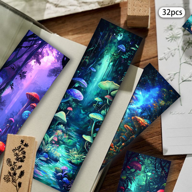 32 Stück Lesezeichen mit Fantasy-Pilzwald-Motiv in Multicolour aus Papier - Bild 1