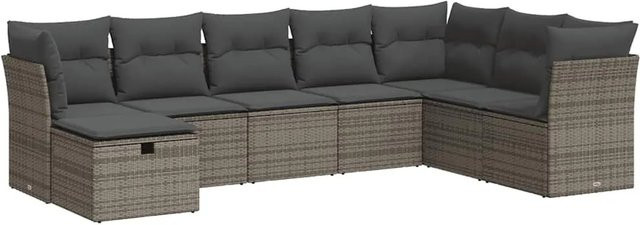 vidaXL 8-teilige Garten-Sofagarnitur in L-Form aus grauem Poly-Rattan mit Kissen und Ottoman für Terrasse und Garten - Bild 1