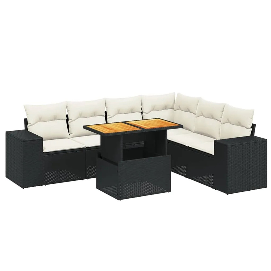 vidaXL 7-teilige Garten-Sofagarnitur in L-Form aus Poly-Rattan und Akazienholz in Schwarz-Creme mit UV-beständigen Kissen - Bild 2