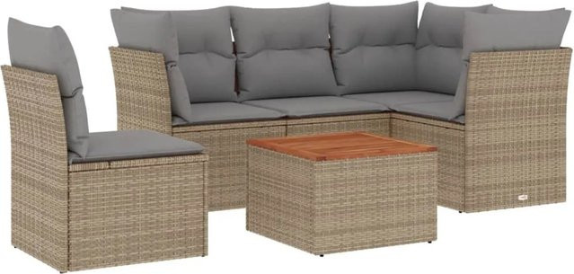 vidaXL 6-teilige Garten-Sofagarnitur in L-Form aus Poly-Rattan in Beige mit Tisch und Polsterkissen - Bild 1