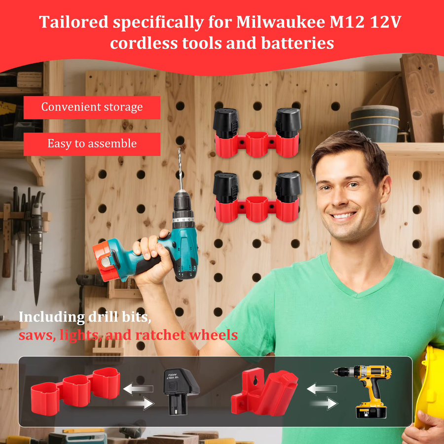 16er Set Batteriehalter und Werkzeughalter für Milwaukee M12 12V, Wandmontage aus Kunststoff in Rot - Bild 4