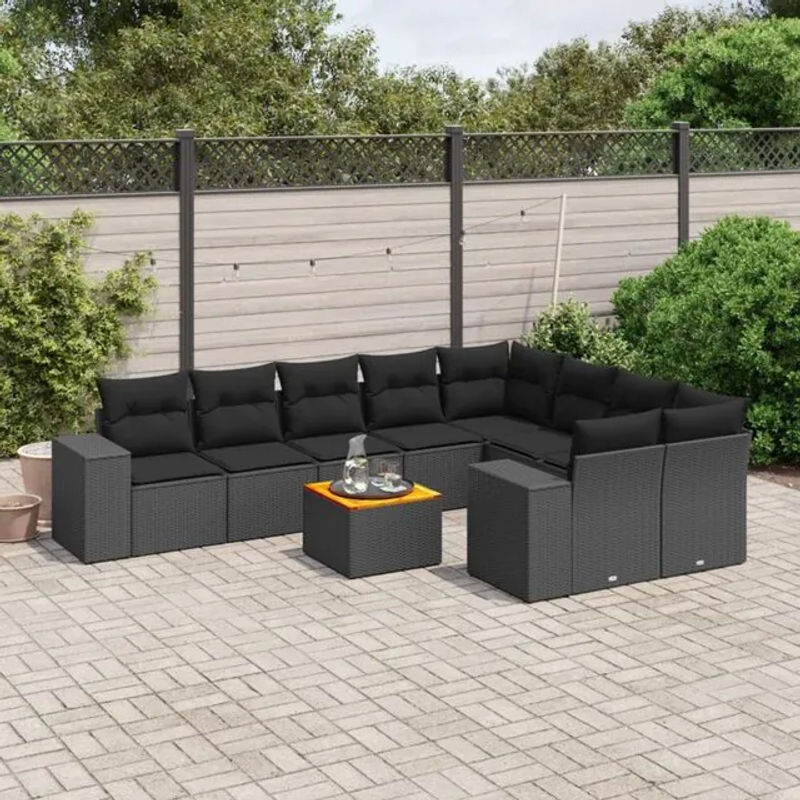 Vidaxl 10-tlg. Garten-Sofagarnitur aus Polyrattan mit Kissen in Schwarz im modernen Loungemöbel-Design - Bild 1