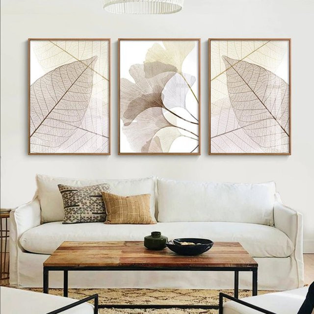 TPFLiving Luxus Poster Leinwand Ginkgo-Blatt Set in Beige und Weiß, 3er Set ohne Rahmen, B: 60 cm x H: 80 cm - Bild 1
