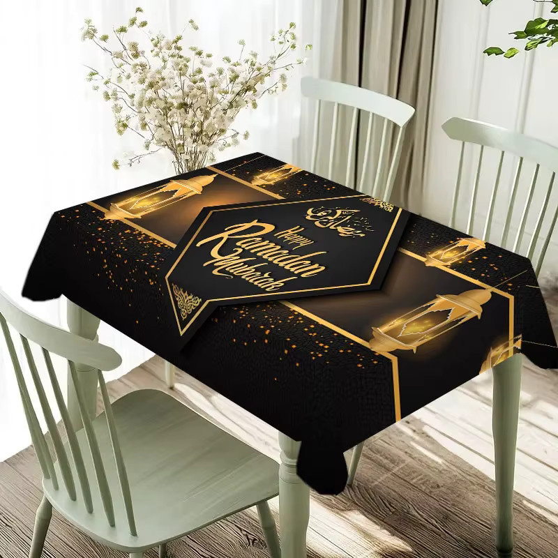 VIKAMA Ramadan Tischdecke mit Kareem-Motiv, rechteckige Leinentischdecke in orientalischem Design für deine Feiertagsdekoration - Bild 4