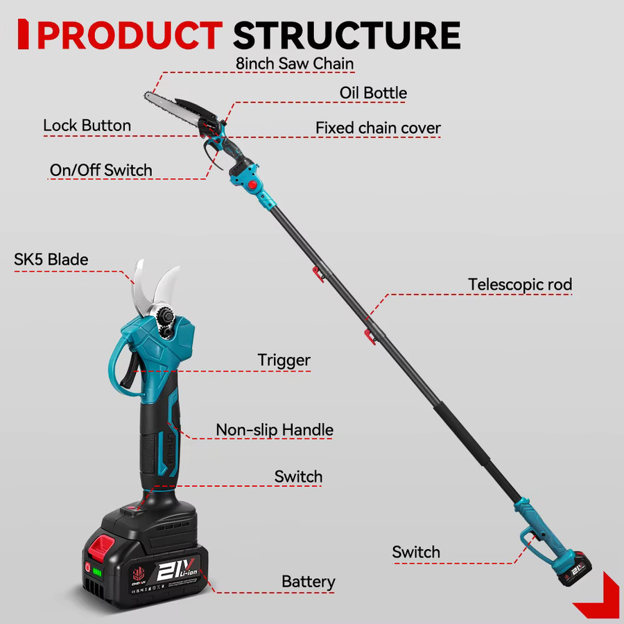 ONEVAN 3-in-1 Bürstenlose Elektrische Hochastsäge und -schere mit 8-Zoll-Kettensäge für Makita 18V Akku, Multicolor - Bild 4