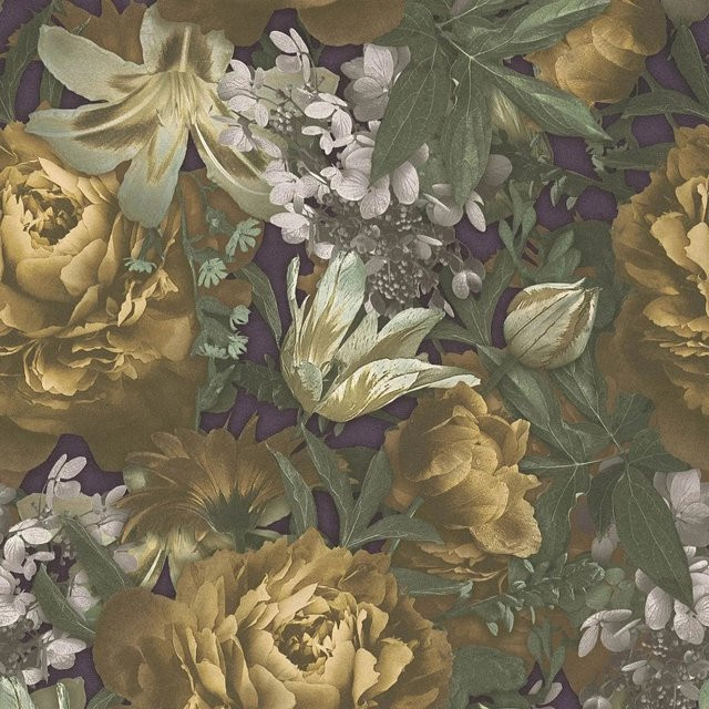 Profhome Floral Tapete Botanisches Blumenmuster Matt Gelb Grün Violett Grau, Breite: 0,53 m, Länge: 10,05 m - Bild 1