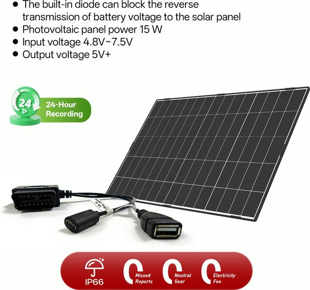 GEYUNE 15W Solarpanel-Ladegerät mit integriertem OBD2-Kabel in Schwarz für Auto, Boot und Wohnwagen - Bild 1