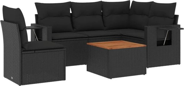 vidaXL 6-tlg Garten-Sofagarnitur aus Poly-Rattan und Akazienholz in Schwarz mit Kissen - Bild 1