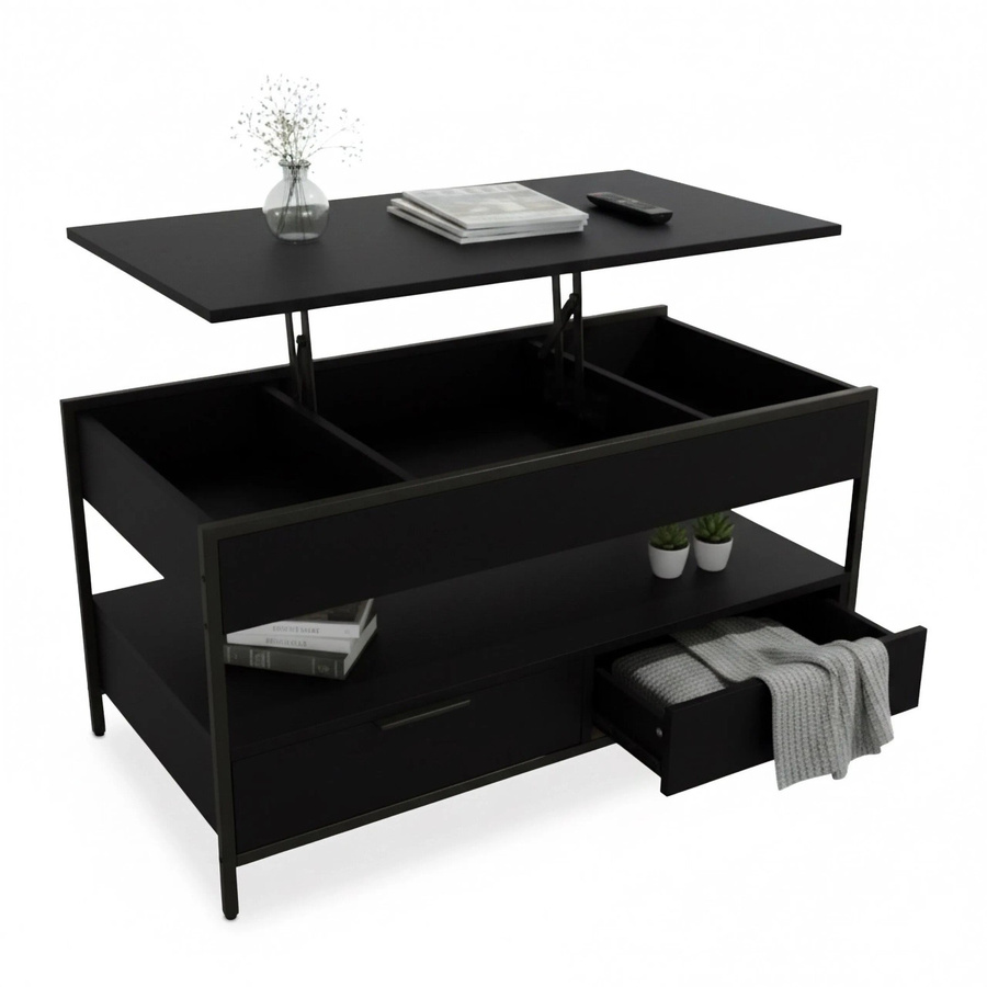Relaxdays Couchtisch aus Holzwerkstoff und Eisen in Schwarz, höhenverstellbar und ausklappbar, B: 100 cm, T: 40 cm, H: 48 bis 63 cm - Bild 2