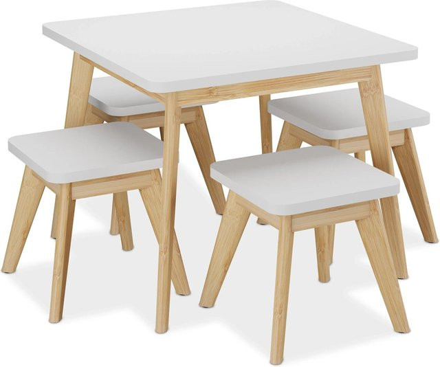 Relaxdays Kindersitzgruppe 5-teilig aus MDF und Bambus in Weiß und Natur, B/T/H: 49 x 60 x 60 cm - Bild 1