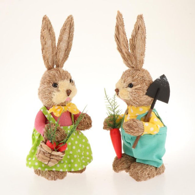 2er-Set homyl Ostern Kaninchen Figuren aus Stroh und Textil in Braun zur Dekoration - Bild 1
