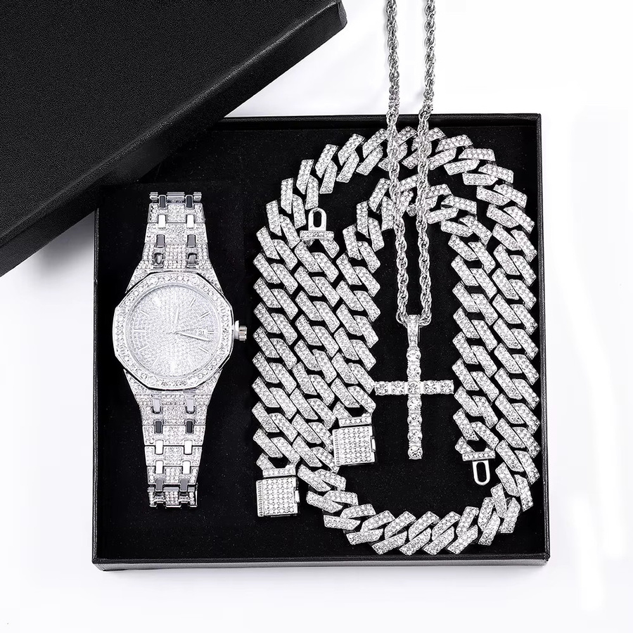 Schmuckset, Quarzuhr, Halskette mit Kreuz Anhänger, Edelstahl, Silber, Herren - Bild 3
