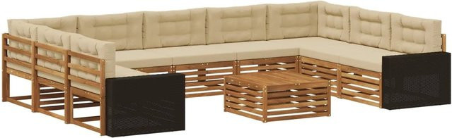 vidaXL Outdoor-Sofagarnitur aus Akazien-Massivholz in U-Form, 10-teiliges Set mit beigefarbenen Polstern und Latten-Design, Natur - Bild 1