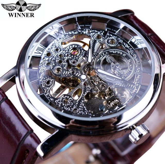 Winner Skelettuhr, Handaufzug, Edelstahl, Gold, Leder, Herren - Bild 1