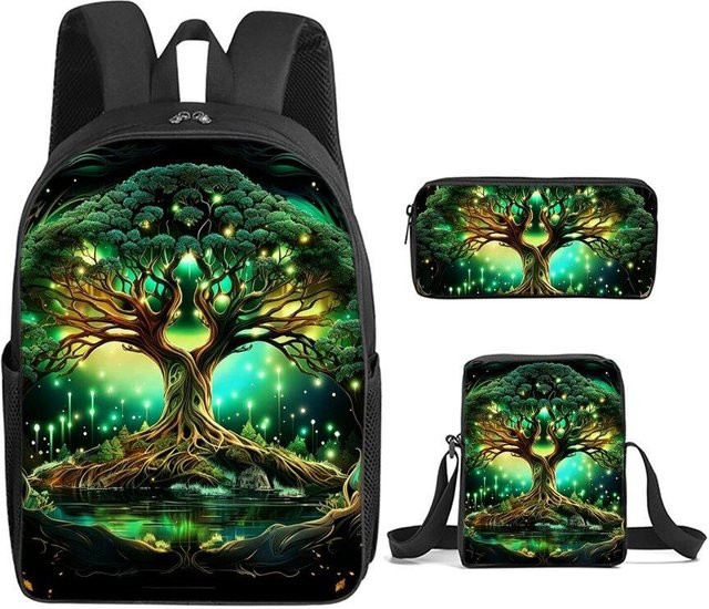 BAOERYE 3er Set Schultaschen mit Rucksack, Umhängetasche und Federmäppchen im Lebensbaum-Design für Jungen und Mädchen, mehrfarbig - Bild 1