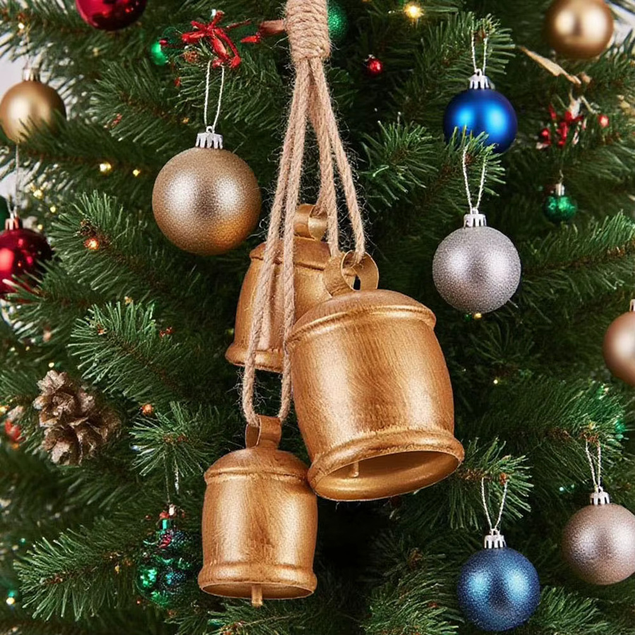 Handgefertigte Vintage Weihnachtsglocken aus Metall in Gold als rustikale Dekoration mit Seil zum Aufhängen - Bild 2