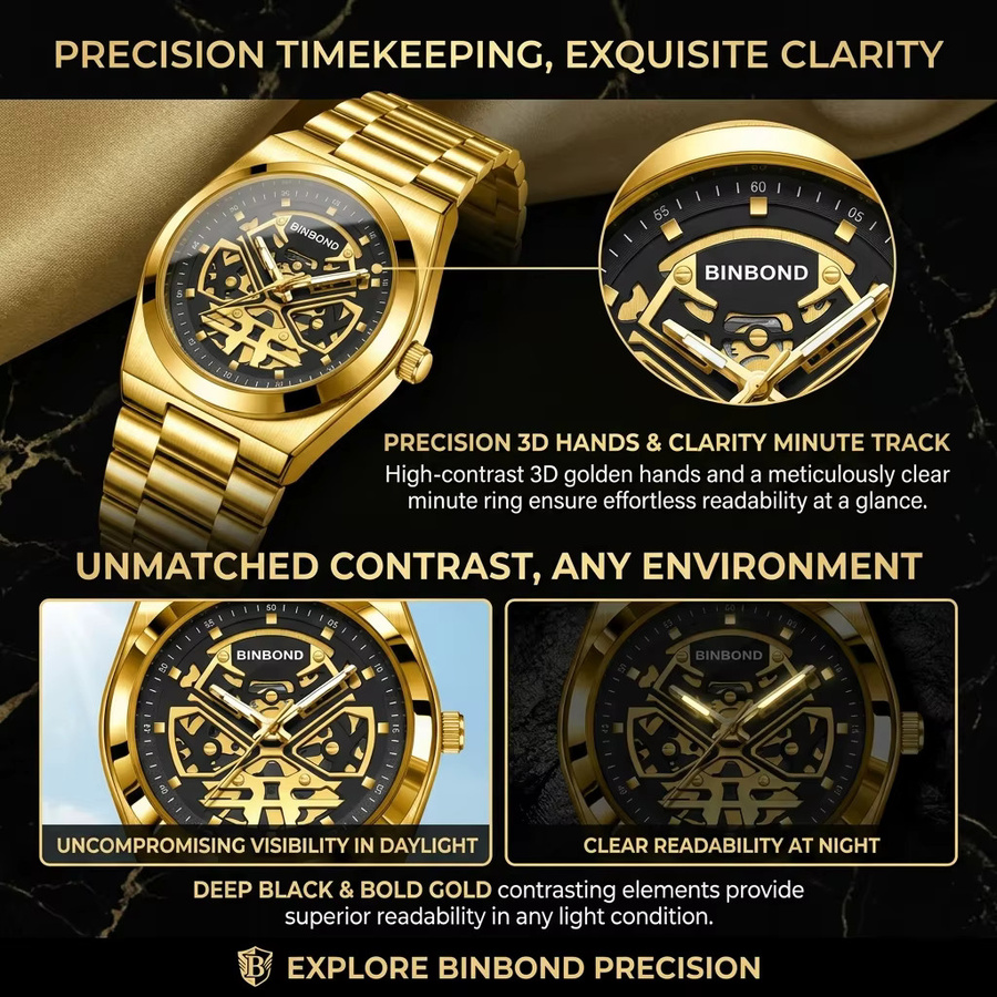 BINBOND Armbanduhr, Quarz, Edelstahl, Gold, Grün, Herren - Bild 3
