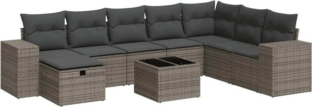 vidaXL 9-teilige Garten-Sofagarnitur in L-Form aus Poly Rattan und Metall mit Kissen in Grau - Bild 1