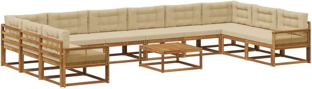 vidaXL Outdoor-Sofagarnitur in U-Form aus massivem Akazienholz mit 11 Kissen in Natur und Beige - Bild 1