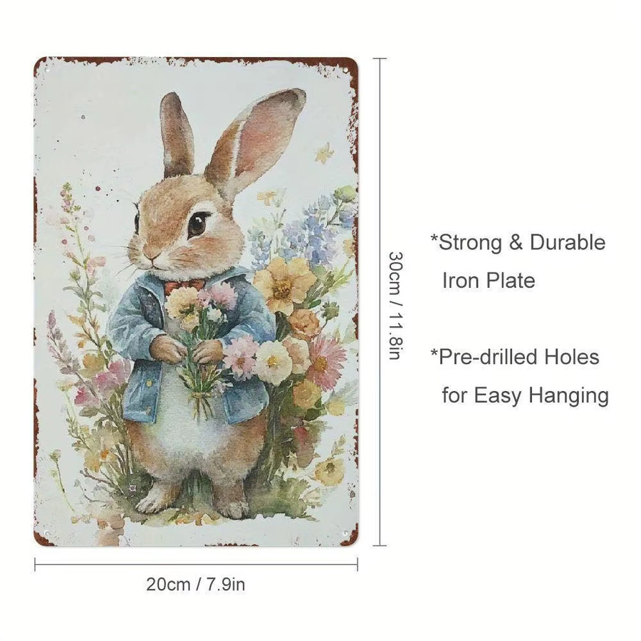 Rustikales Metallblechschild mit Vintage-Babyhasen als Oster-Wanddekoration für Frühling und Zuhause, Mehrfarbig, B: 20,32 cm, H: 30,48 cm - Bild 3