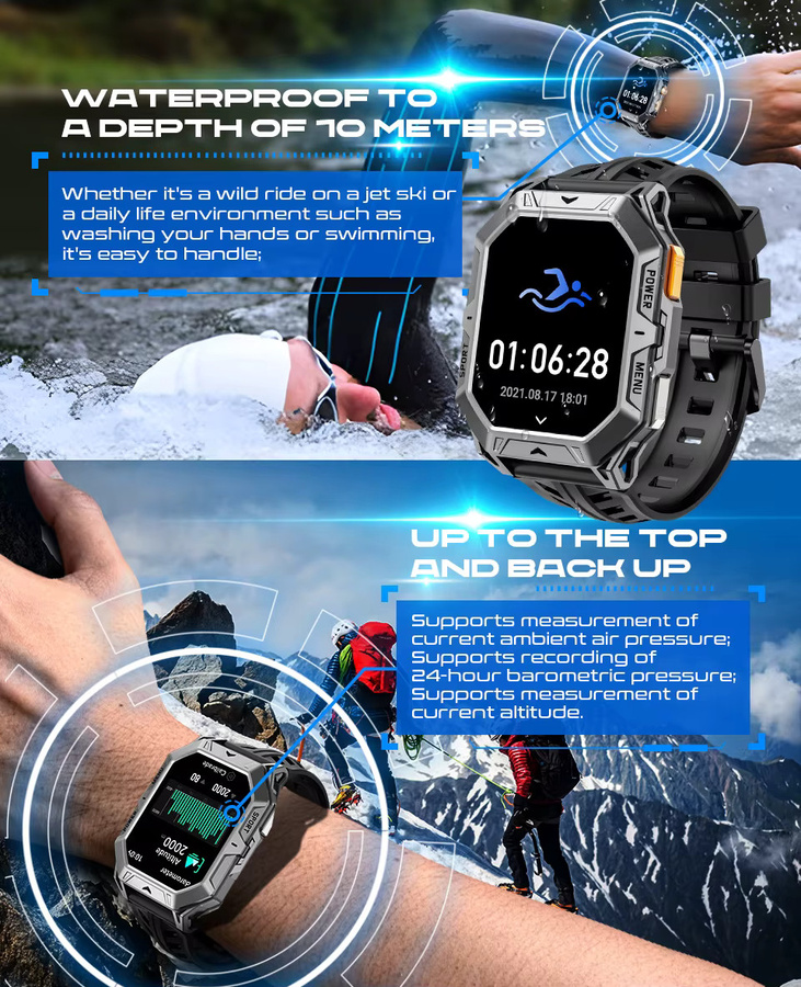 MISIRUN Smartwatch mit 2,13 Zoll AMOLED-Bildschirm, 1000 mAh Akku, Bluetooth Anruffunktion, Kompass und 1ATM Wasserdichtigkeit für Herren in Schwarz oder Silber - Bild 3
