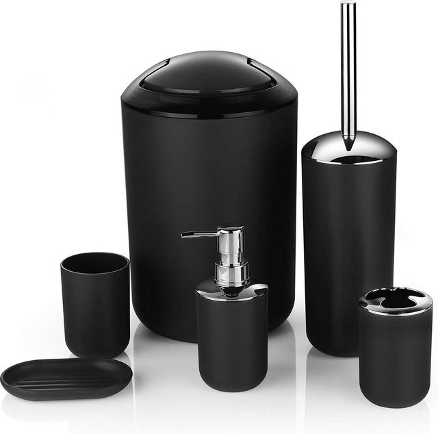 Shinesunp Badezimmer Accessoire Set in Schwarz, 6-teilig mit Mülleimer, Toilettenbürste, Flüssigseifenspender, Seifenschale, Becher und Zahnbürstenhalter - Bild 1