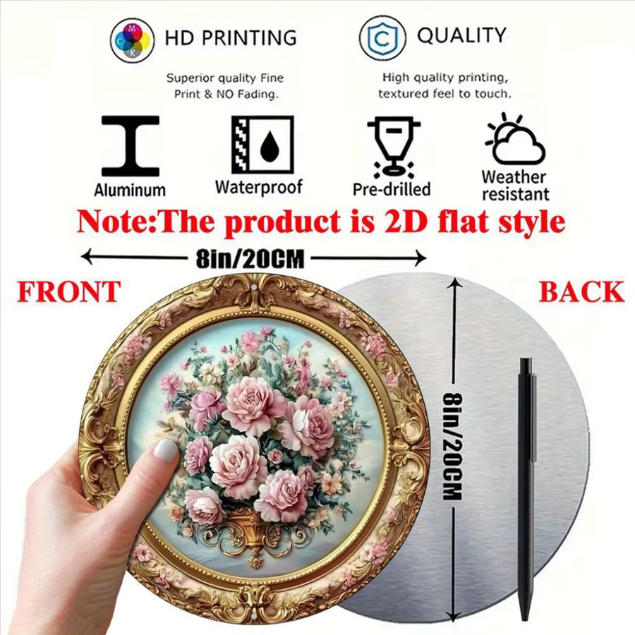 CIFBUY Vintage Wandkunst aus Metall mit rosa Rosen und floralem Design, runde Wanddekoration für Wohnzimmer und Büro - Bild 2