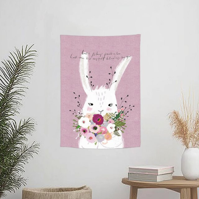 VIKAMA Wandteppich mit Hase und Waldlandschaft in Pink, Ästhetischer Wandbehang aus Polyester mit Blumen und Naturmotiven, Breite: 60 cm, Höhe: 40 cm - Bild 1