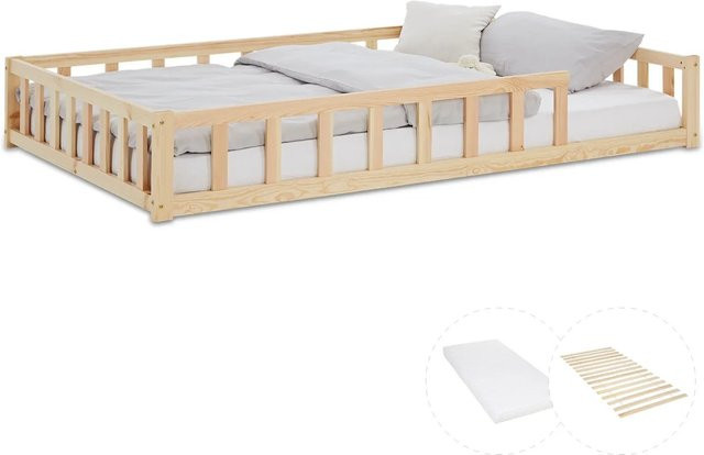 Homestyle4u Kinderbett aus Kiefernholz in Natur mit Rausfallschutz, Lattenrost und Matratze, Farbe: Beige, B/T/H: 120 x 200 x 32 cm - Bild 1