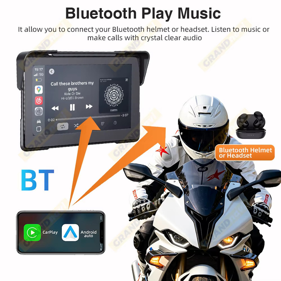 Grandnavi Tragbares 7-Zoll Motorrad-Navigationssystem in Schwarz mit 2K DVR, Android Auto, CarPlay und Bluetooth, IP67 Wasserdicht mit Videorekorder und Monitor - Bild 6