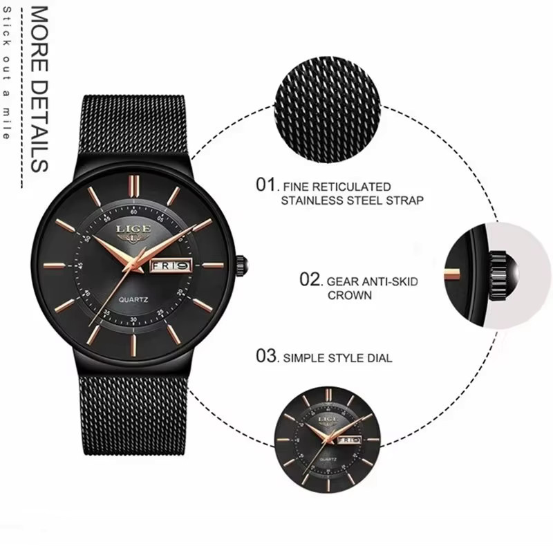 LIGE Chronograph, Herren, Edelstahl, Schwarz, Milanaise, Datum, Wochentag - Bild 3