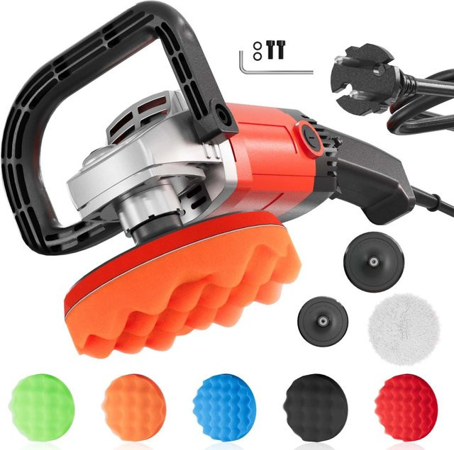 Wiltec Poliermaschine Schleifmaschine mit 1200W und 6-stufiger Regelung bis 3000 U/Min in Orange/Rot mit Zubehör - Bild 1