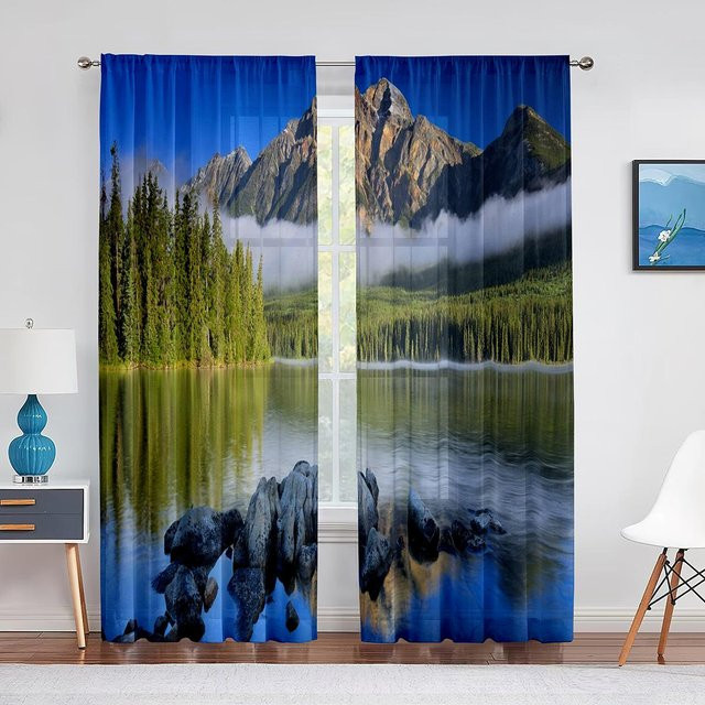 Yiran Furniture Voile Vorhang Bergsee Frühling Naturlandschaft mit Blumenmuster, 2 Paneele, transparent, Mehrfarbig, Breite: 100 cm, Höhe: 130 cm - Bild 1