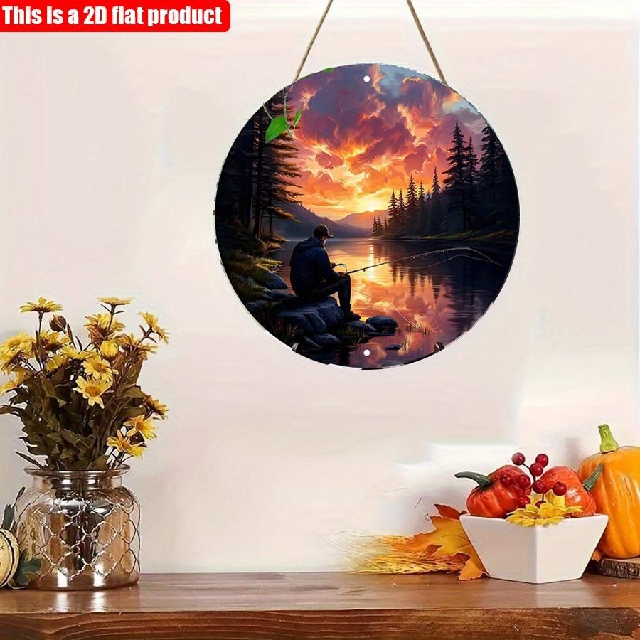 Vintage Wandkunst aus Holz mit Fischer-Landschaft und Sonnenuntergang am See, kreisförmige Hängedekoration, B/H: 20 x 20 cm - Bild 6