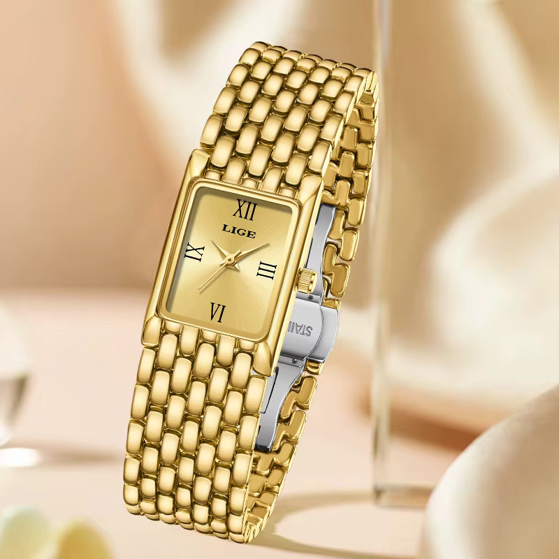 LIGE Armbanduhr Quarz, Edelstahl, Gold, Rechteckig, Damen - Bild 2
