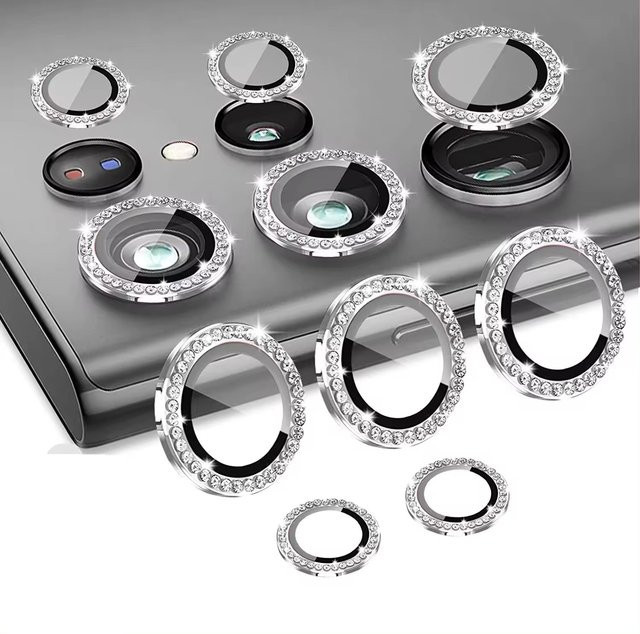 Bling 3D Diamant Metall Kamera Ring Schutz für Samsung S25 S24 Plus S23 S22 Ultra 5G mit gehärtetem Glas in Silber - Bild 1